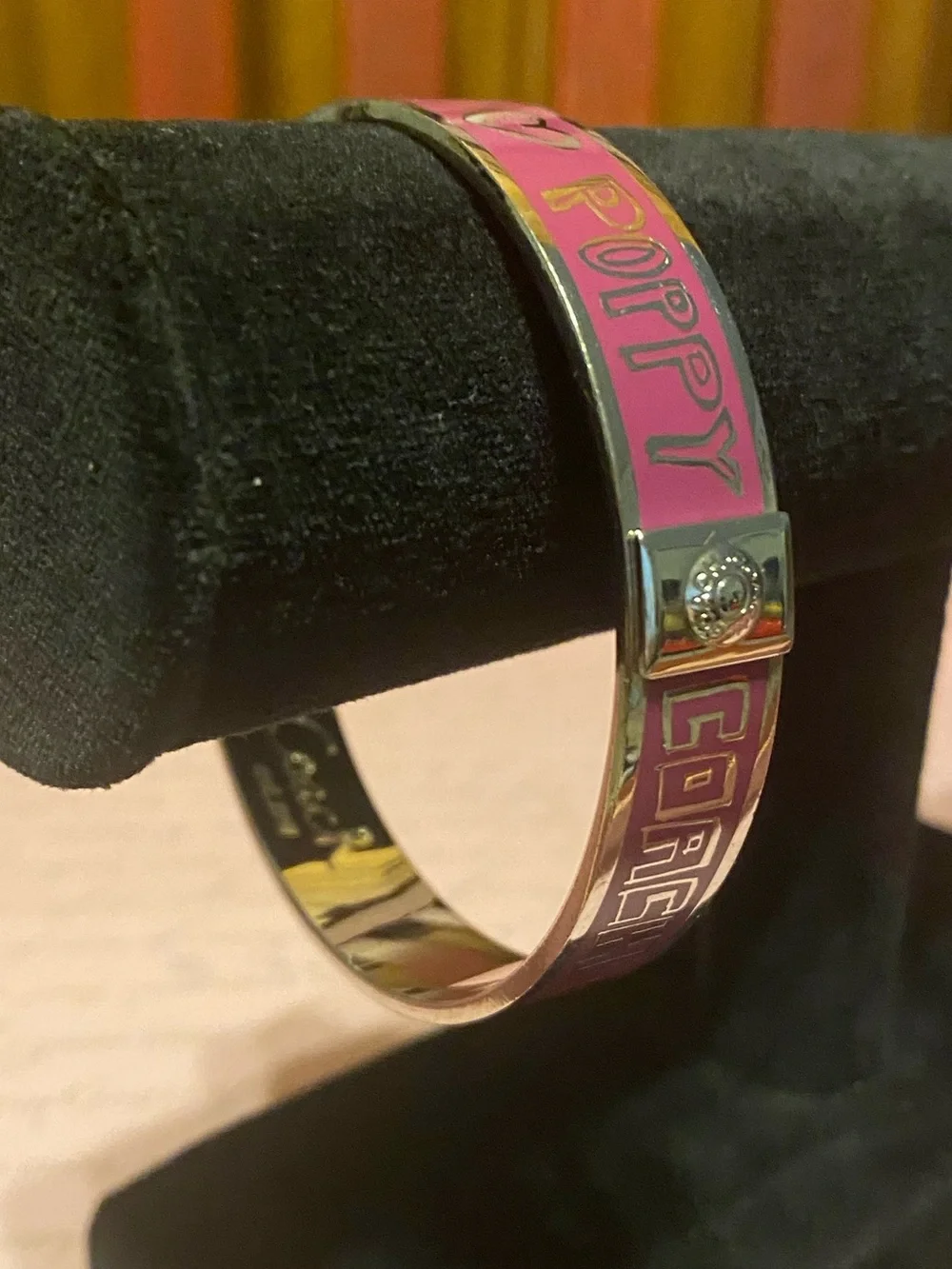 Coach Vintage Poppy Fuchsia Pink Enamel Bangle Bracelet Silver Tone